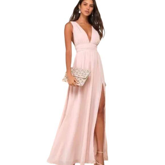 Lulus Women's Heavenly Hues Blush Maxi Dress V-Neck Pleated Size L #2 - Picture 1 of 7